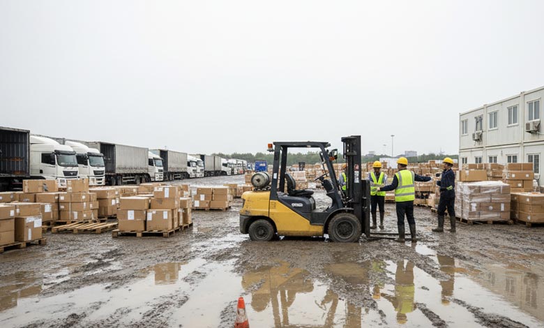 A 4WD forklift operating at full speed in a muddy yard next to a stuck 2WD forklift