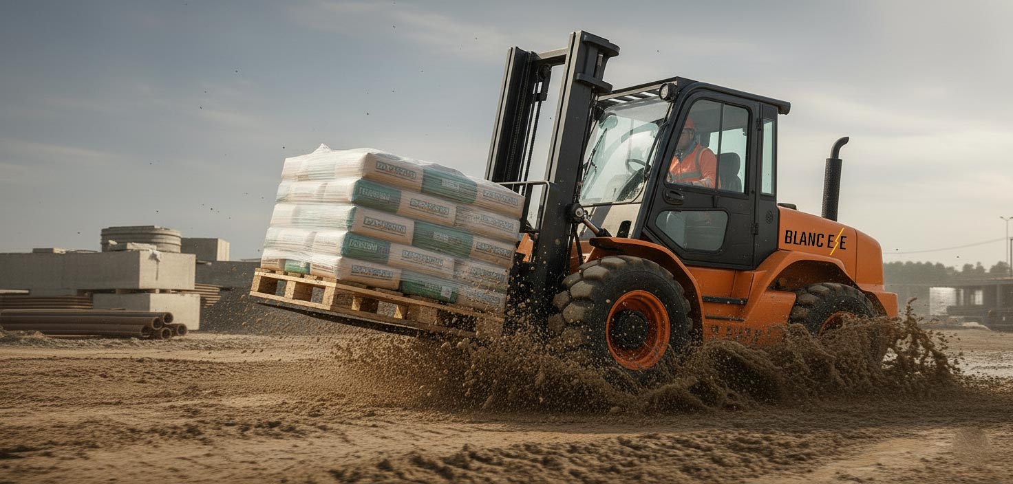 A BLANC-ELE 4WD rough terrain forklift confidently working on a challenging construction site.