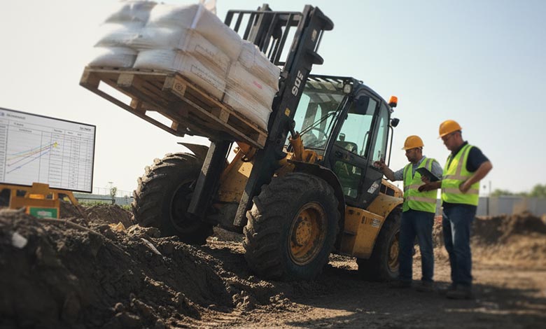 A 4WD forklift operating smoothly on an uneven gravel path, showcasing daily utility.