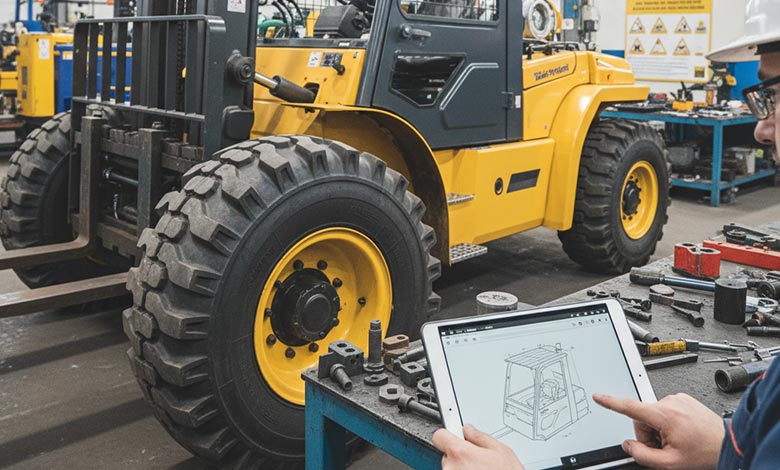 A custom-fitted forklift with a protective cage and specialized tires