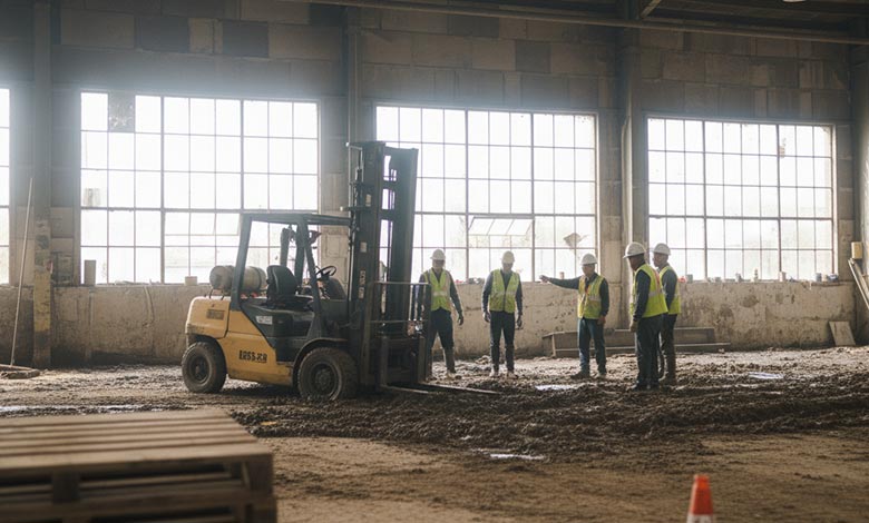 Standard forklift stuck on muddy ground