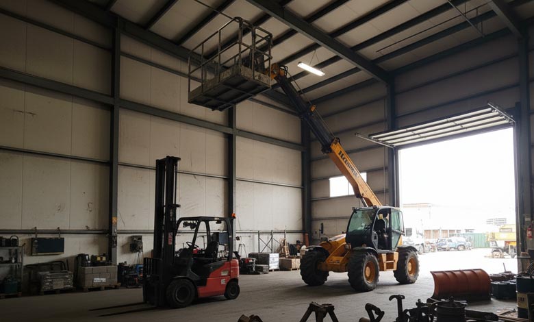 A telehandler with multiple attachments displayed around it, like a bucket, a grapple, and forks