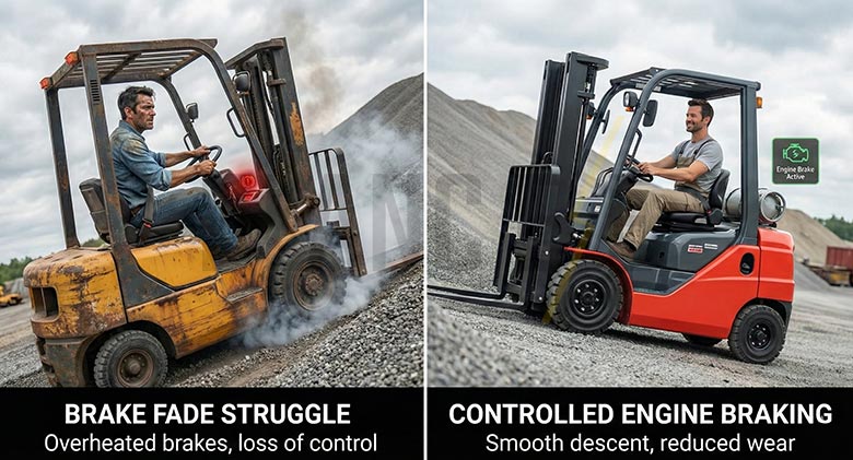A comparison showing an operator struggling with brake-fade versus an operator using controlled engine braking.