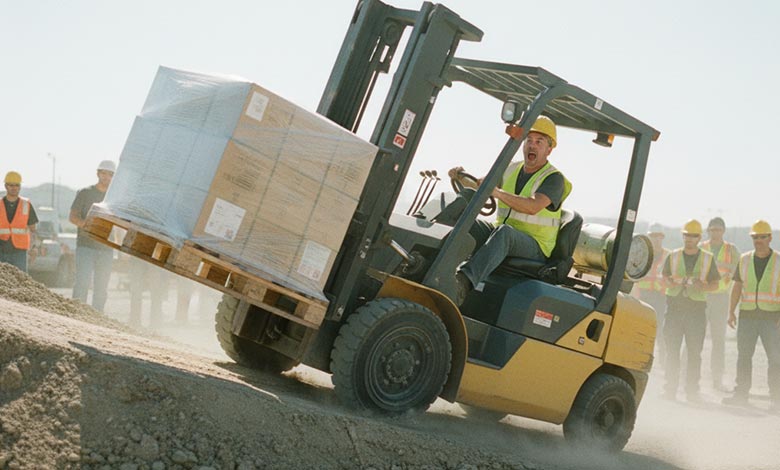 A diagram showing weight transfer on a 2WD forklift vs. a 4WD forklift on a slope.