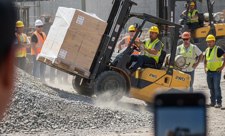 A BLANC-ELE 4WD rough terrain forklift working effortlessly on a steep construction grade.