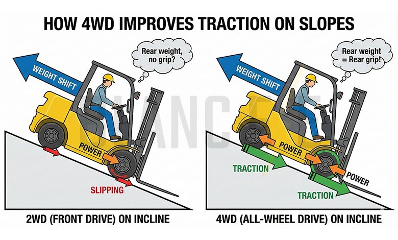 An animation showing how a 4WD forklift maintains grip with all four wheels on a slope.