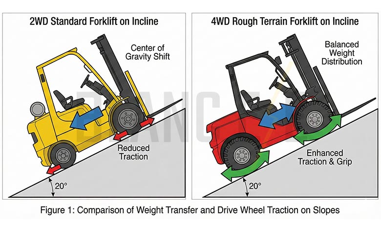 A diagram comparing the weight distribution and traction of a 2WD vs. a 4WD forklift on an incline.