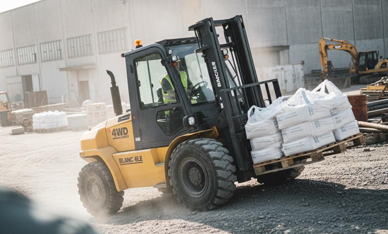 A BLANC-ELE 4WD rough terrain forklift confidently navigating a sloped worksite.
