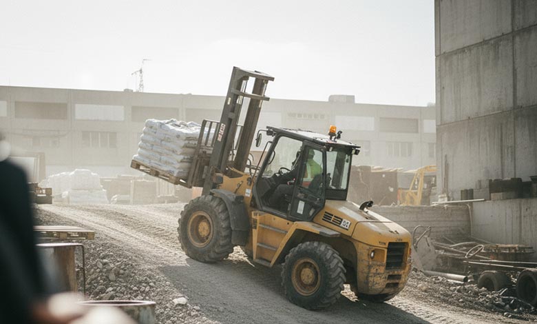 A graphic showing the "stability triangle" of a forklift becoming unstable when turning on an incline.