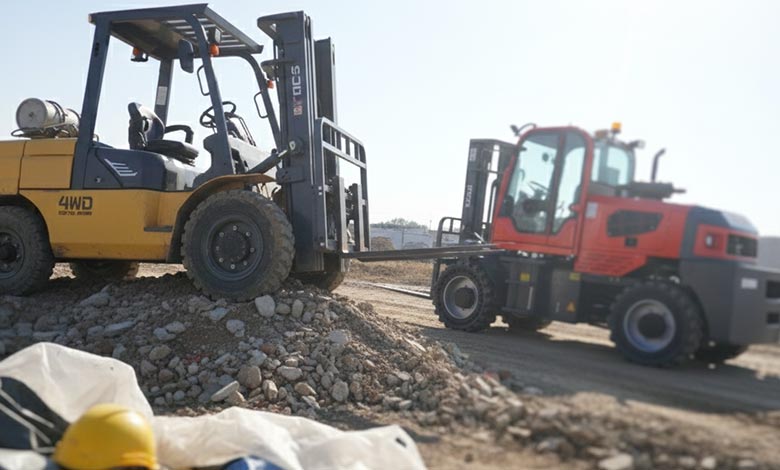 A 4WD forklift stuck on its belly, contrasted with a high-clearance model driving past.