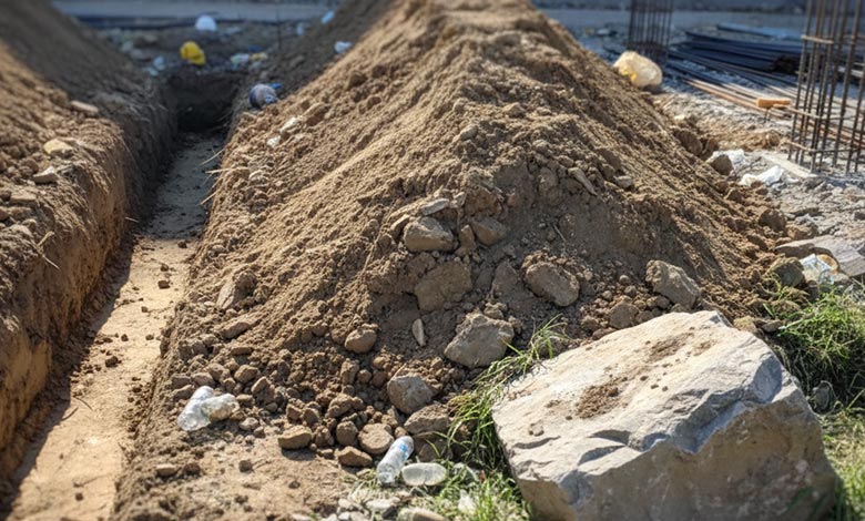 Close-up shots of common construction site obstacles: a trench edge, a dirt mound, and a hidden rock.