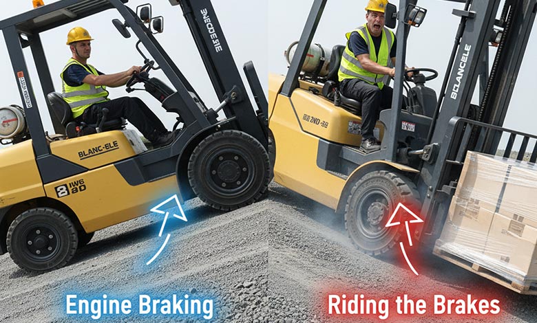 A comparison showing an operator using engine braking on a 4WD vs. someone riding the brakes on a 2WD.