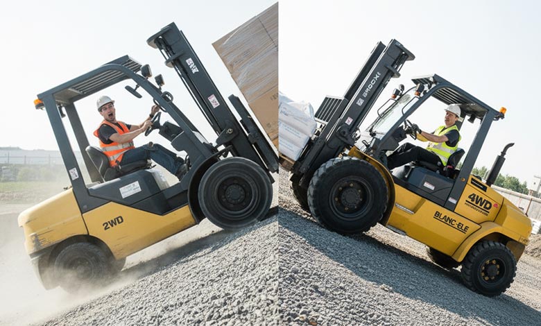 A 2WD forklift spinning its front wheels on a slope, compared to a 4WD forklift climbing steadily.