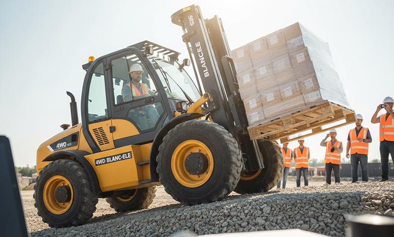 An animation showing power being distributed to all four wheels of a forklift on a hill.