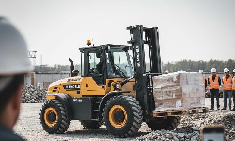 A close-up of the aggressive tires and high ground clearance of a BLANC-ELE rough terrain forklift.