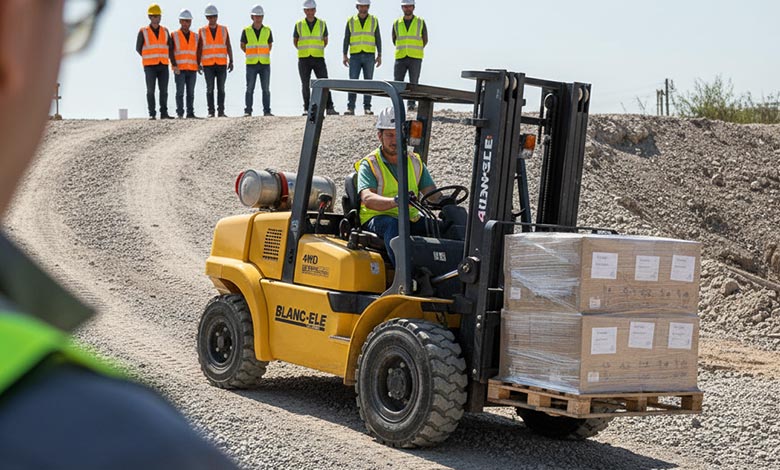 An operator calmly steering a forklift down a slope, with a graphic showing the engine controlling the speed.