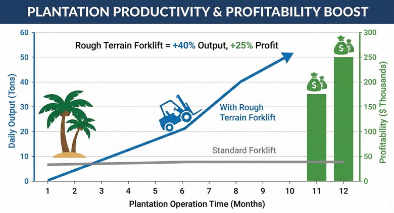 A graph showing the increased daily output and profitability of a plantation using a rough terrain forklift.