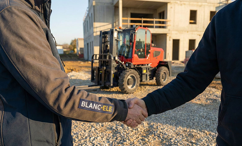 Close-up of a handshake between a BLANC-ELE representative and a site manager, with a forklift in the background. Symbolizing partnership and trust.