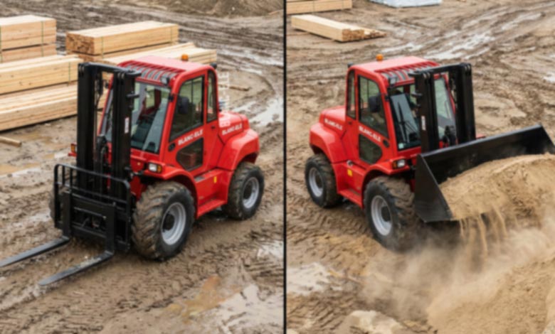 Forklift vs Multi-Purpose Machine A split-screen image: Left side shows a BLANC-ELE forklift with forks; Right side shows the same machine with a loader bucket moving sand.