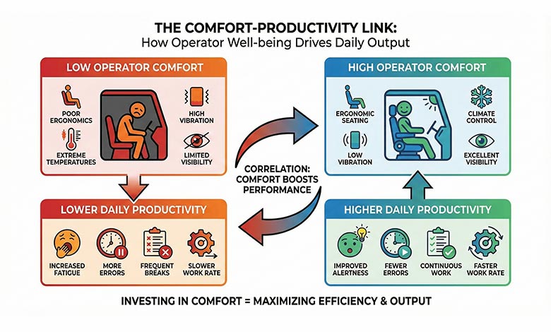Comfort vs Productivity Chart An infographic showing the correlation between operator comfort and daily productivity.