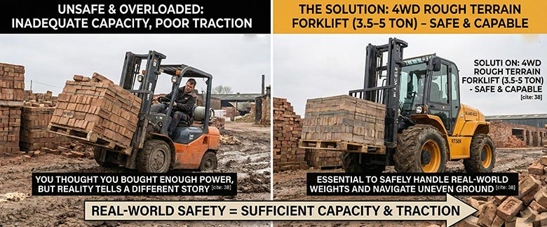 ROI of a Rough Terrain Forklift A chart comparing ownership cost: Cheap Forklift (High Repairs) vs. BLANC-ELE (High Productivity).