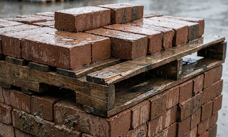 Wet Brick Pallets Adding Weight to Forklift Load A close-up shot of a rain-soaked pallet of bricks, visibly wet and heavy.