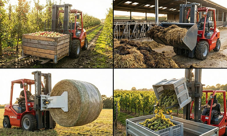 Versatile Orchard Attachments A collage of 4 different attachments: Forks, Bucket, Clamp, Hinged Forks.