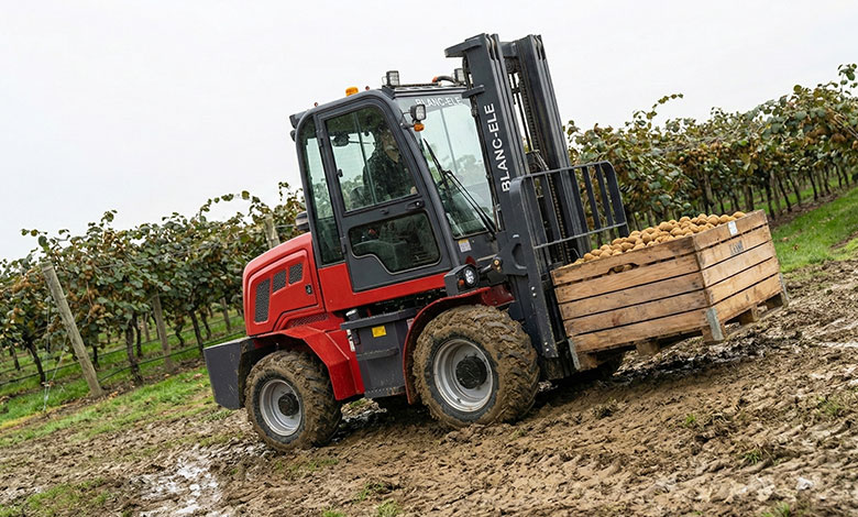 BLANC-ELE Forklift in Orchard Terrain A BLANC-ELE 4WD forklift climbing a muddy slope in a kiwifruit orchard, carrying a crate of fruit.