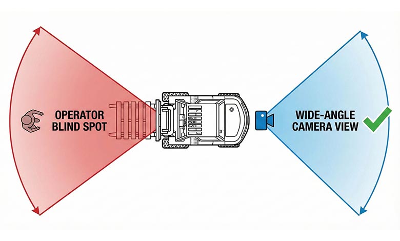 Diagram showing the large blind spot behind a rough terrain forklift compared to the wide angle of a camera.