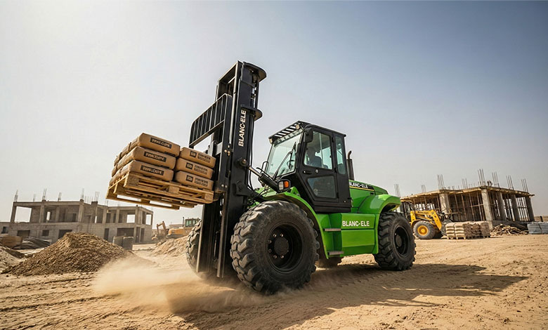 4x4 rough terrain forklift operating on sandy and uneven construction ground in Africa, demonstrating strong traction and stability in harsh outdoor conditions
