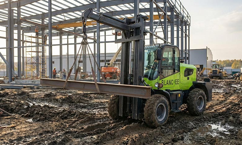 Rough terrain forklift with crane jib operating in a tight outdoor space
