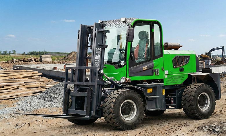 4x4 rough terrain forklift transporting cement pallets on sandy construction site, demonstrating stability on uneven ground