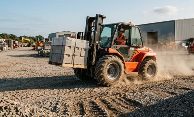 rough terrain forklift transporting materials in gravel yard rough-terrain-forklift-gravel-yard.jpg