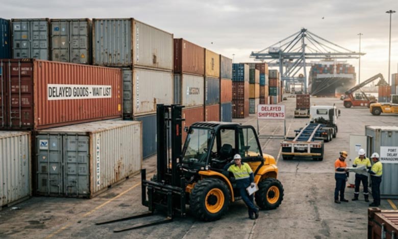 forklift waiting for shipment at port yard forklift-shipping-delay.jpg