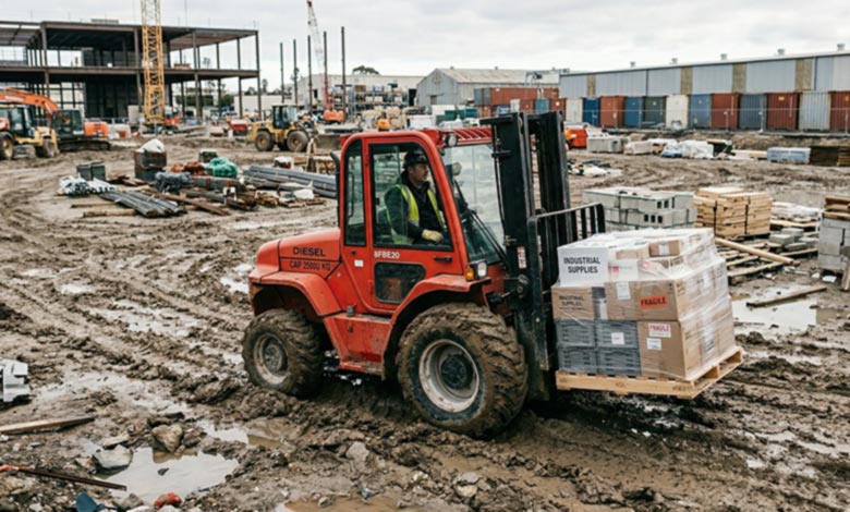 4WD rough terrain forklift carrying palletized materials on muddy construction ground