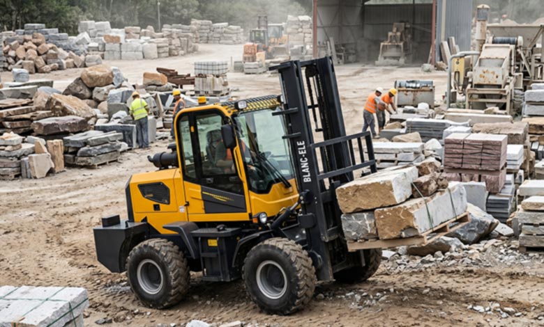 4WD rough terrain forklift working in outdoor material yard