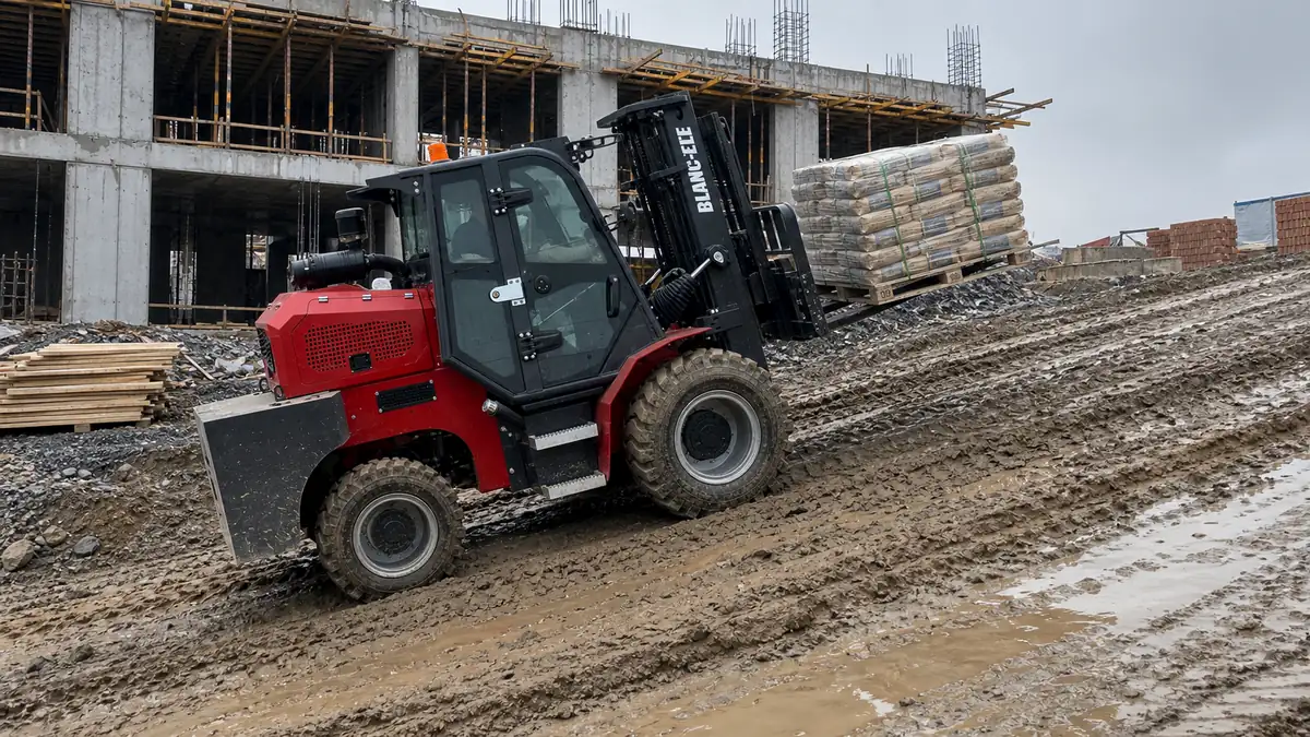 3.5 ton rough terrain forklift working with palletized materials on a construction site