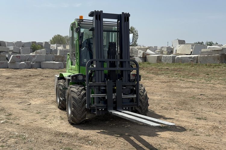 Construction site forklift route check on rough outdoor ground