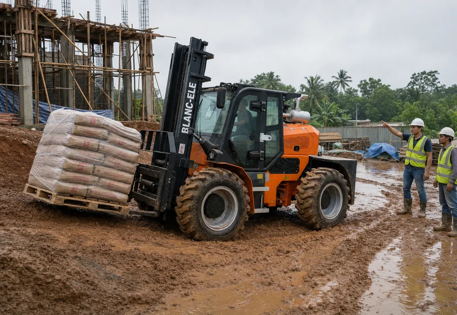 Rough terrain forklift working on a rainy construction site route with muddy ground
