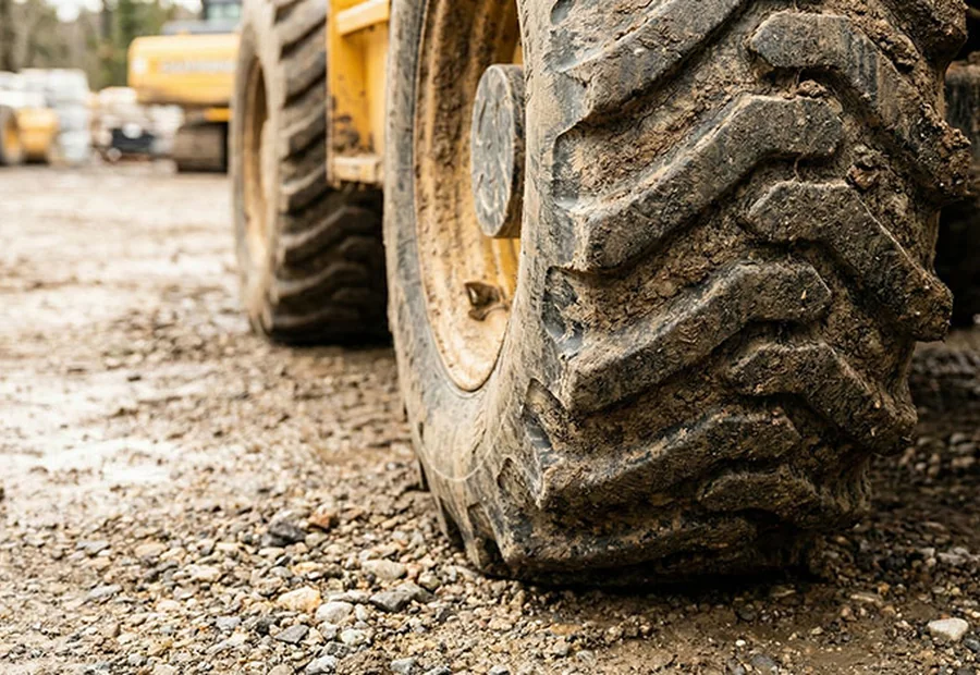 Deep tread rough terrain forklift tire on muddy ground for rainy season construction work