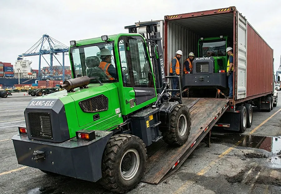 Rough terrain forklift being loaded for export shipment before overseas delivery