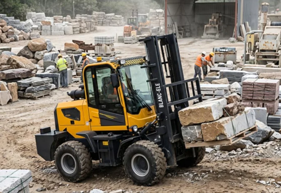 Rough terrain forklift carrying rough outdoor materials where load shape and ground route should be checked