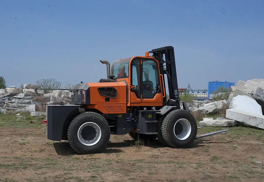Rough terrain forklift working in a stone yard for mining and quarry material handling