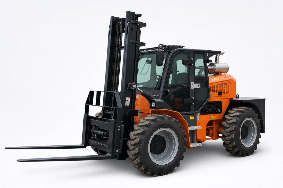 Orange BLANC-ELE RT30 3 ton 4WD rough terrain forklift, front three-quarter view