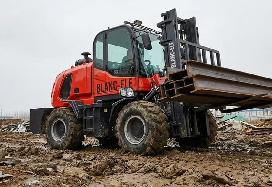 Rough terrain forklift working on a muddy construction site during rainy season