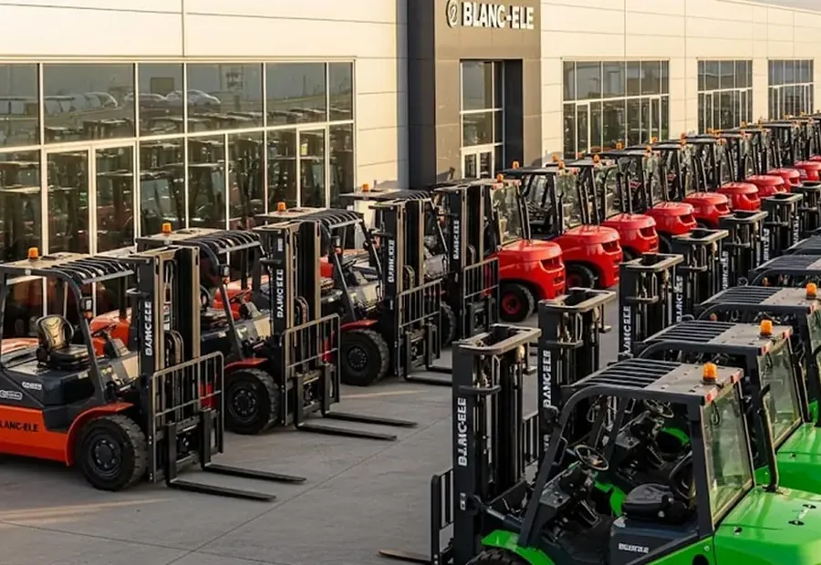 BLANC-ELE rough terrain forklifts lined up outside factory before export delivery
