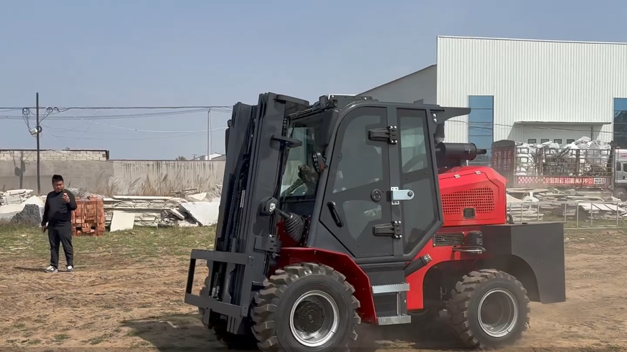 Construction site forklift route check on outdoor ground