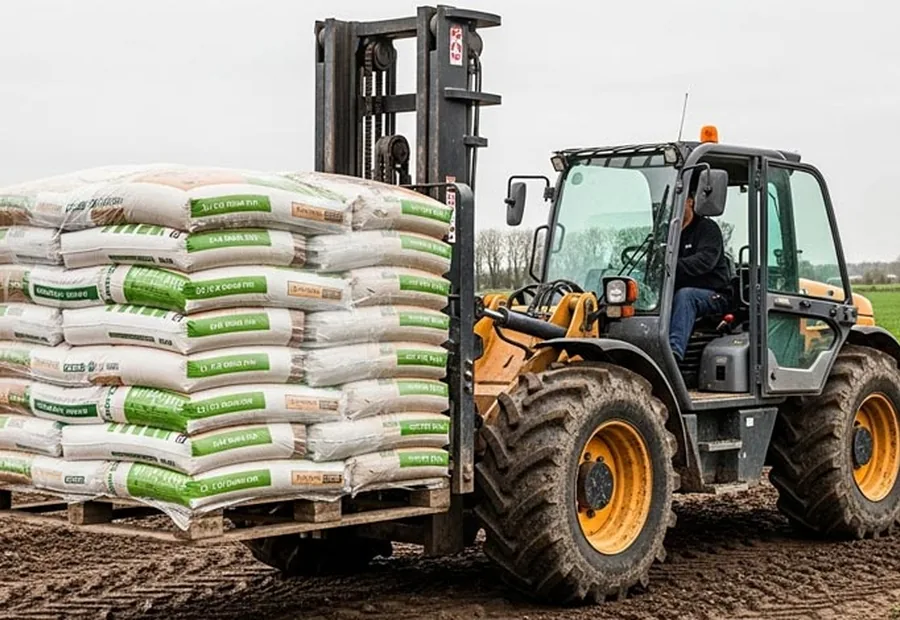 Rough terrain forklift carrying farm supplies on an outdoor farm route