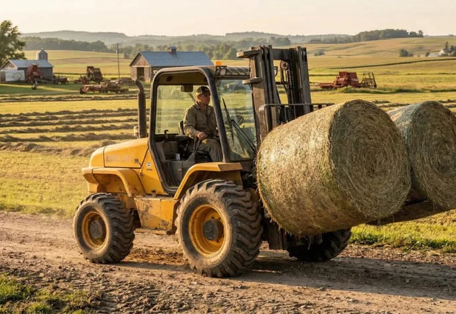 Rough terrain forklift using a bale handling attachment on farm ground