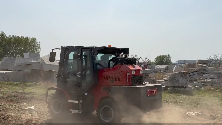 Rough terrain forklift moving across outdoor construction site route